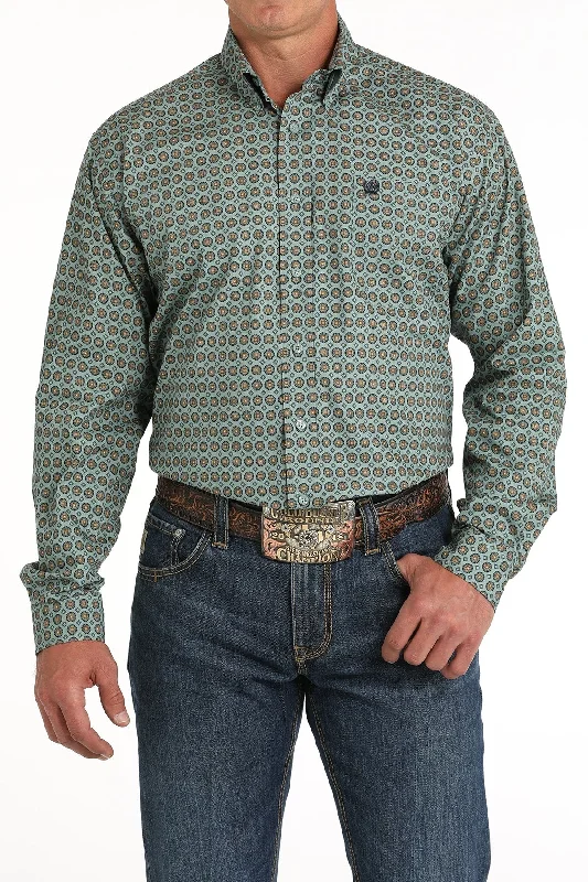 Men's Geometric Print Button-Down Western Shirt - Green - (MTW1105812)