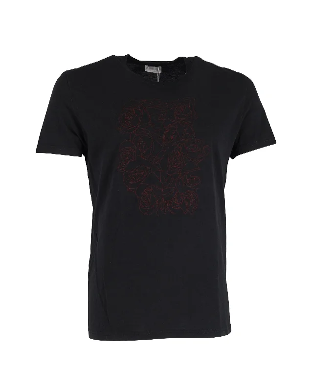 Christian Dior Rose-Print T-Shirt in Black Cotton